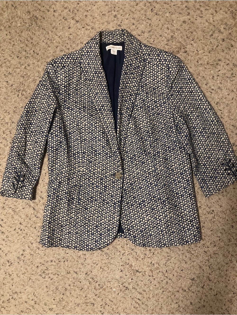 Blue and beige floral print Coldwater Creek blazer jacket 3/4 sleeves cotton